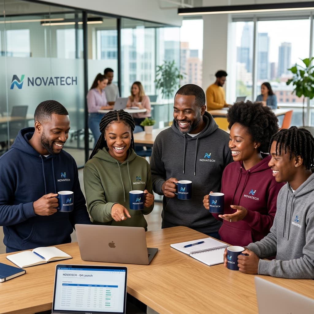 Happy employees with branded merchandise